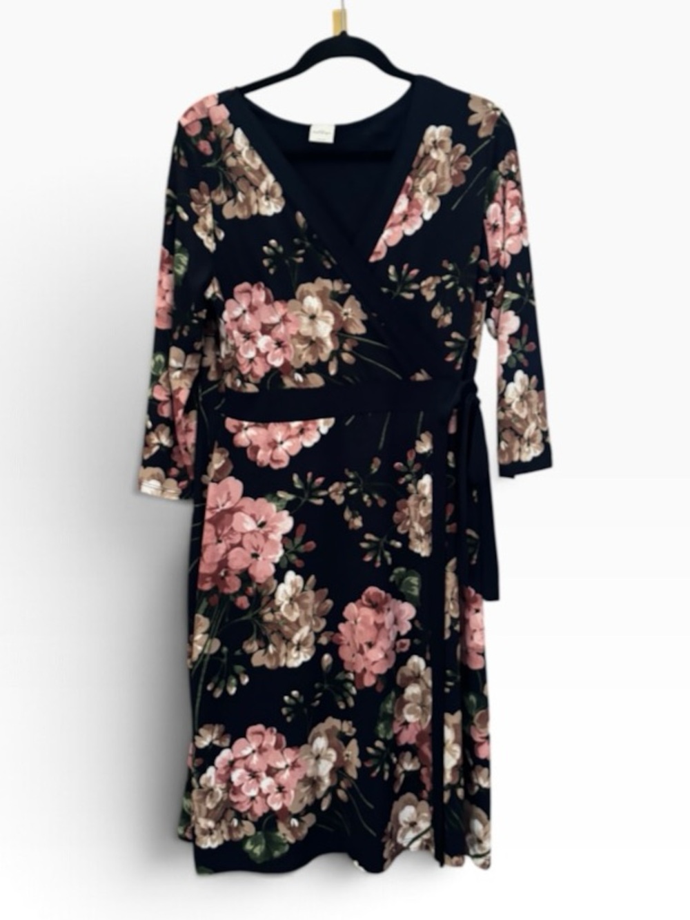 Kaileigh Navy Floral Wrap Dress with Pink & Brown Blooms Size Extra Large (XL)